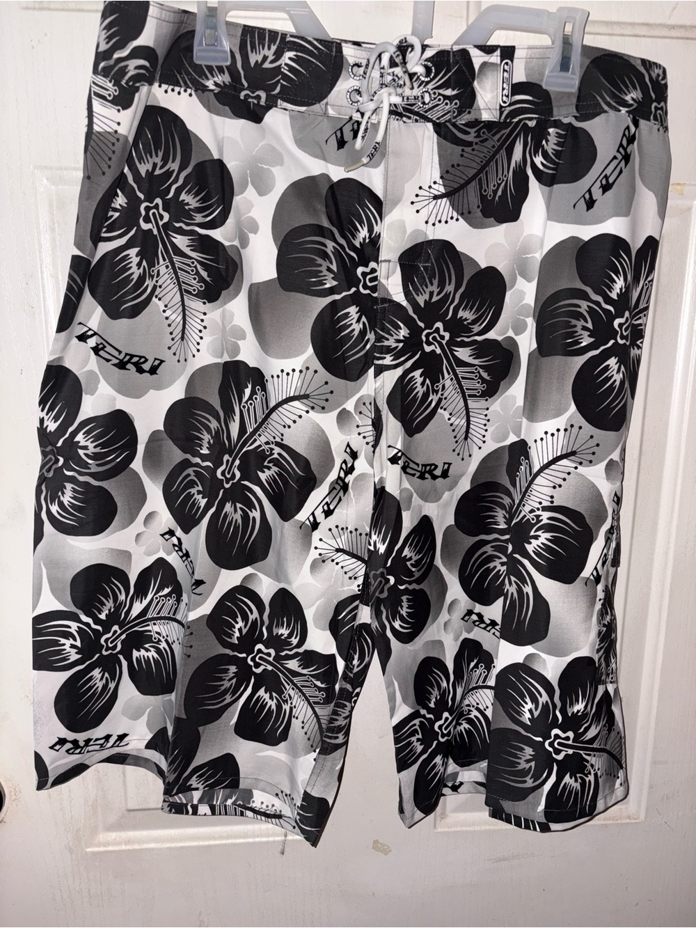 Teri Jon Black & White Floral Swim Board Shorts
